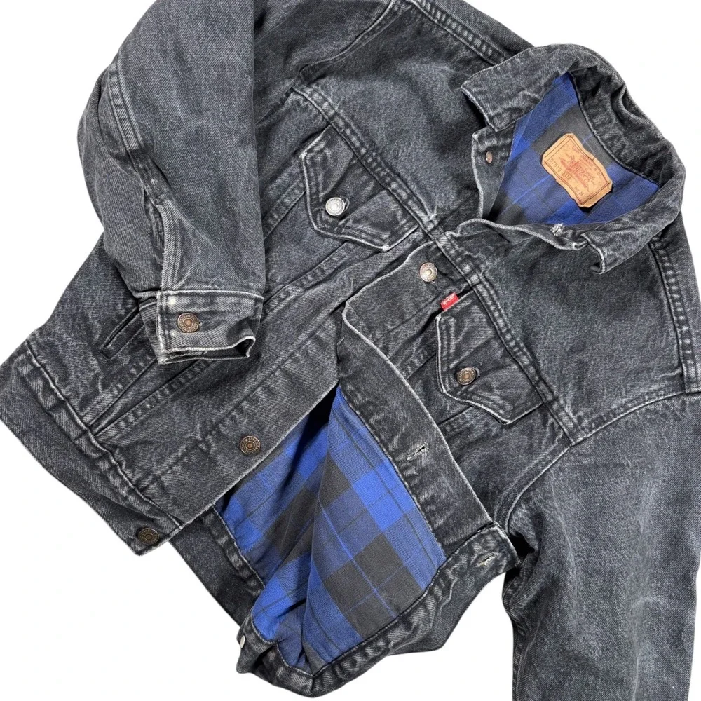 VTG 80s Levi's Kids Denim trucker Jacket Black Plaid Lined‎ USA Made Sz M